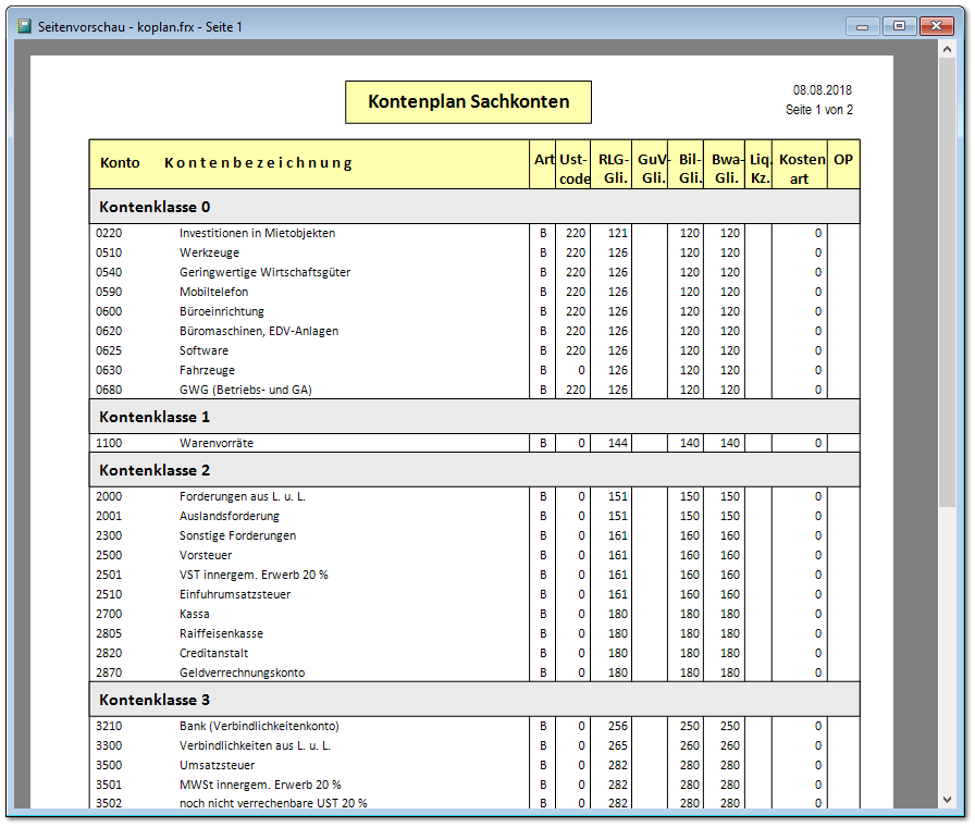 Fenster Seitenvorschau - Kontenplan